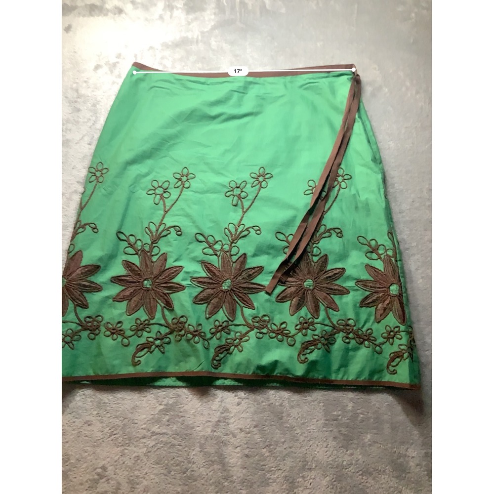 Max Studio Green Brown Floral Embroidered Cotton Wrap Skirt Size 12 8702G12 - Picture 5 of 7